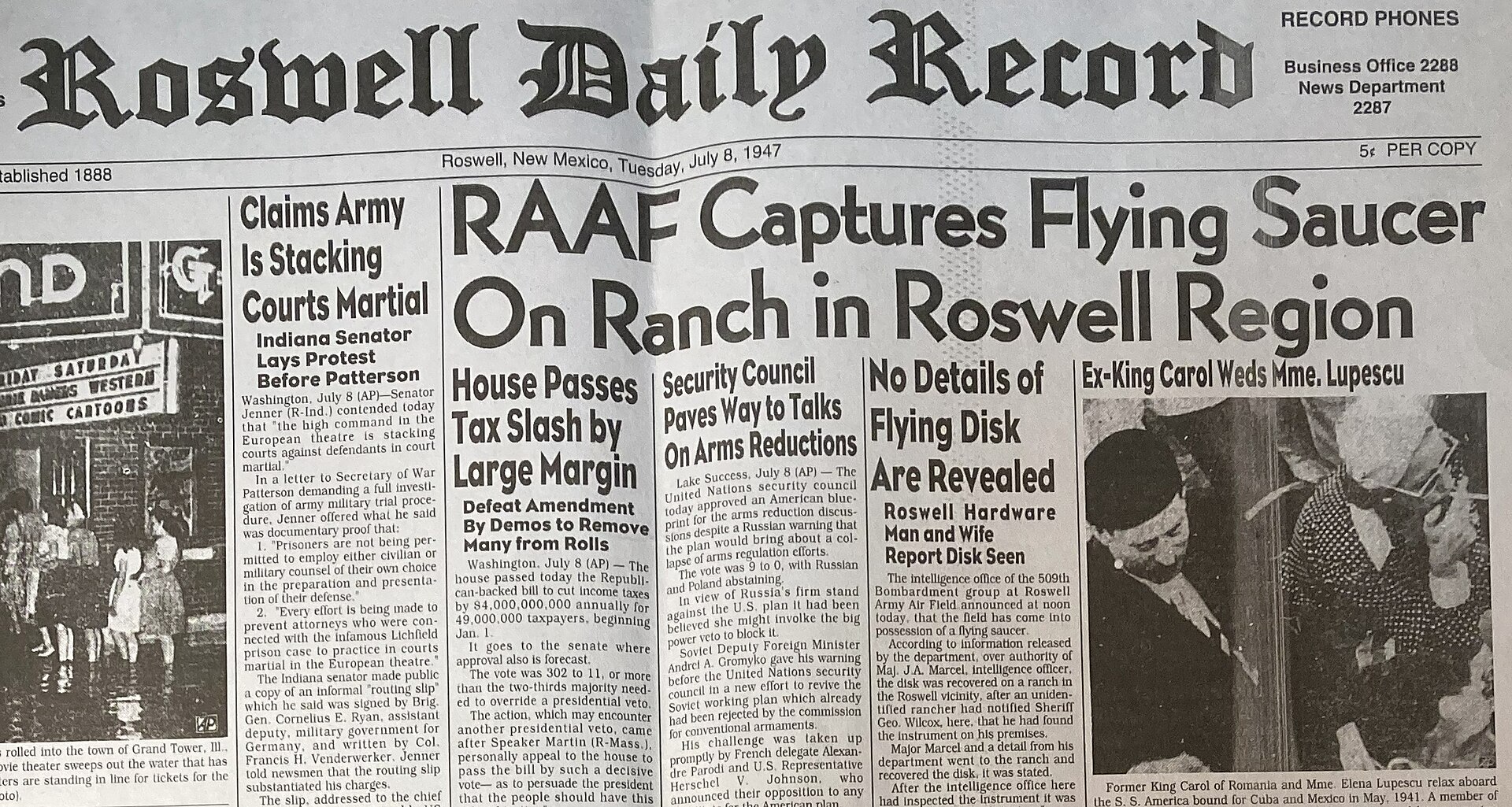 The 8 July 1947 Roswell Daily Record: 'RAAF Captures Flying Saucer On Ranch in Roswell Region.'